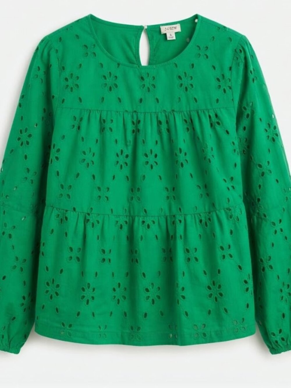 J.Crew Green Eyelet Tiered Long Sleeve Blouse Top Size Large